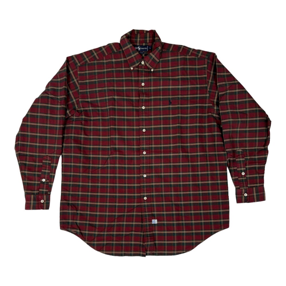 Ralph Lauren Button Up Plaid Long Sleeve Shirt Size Large Red Green Tan